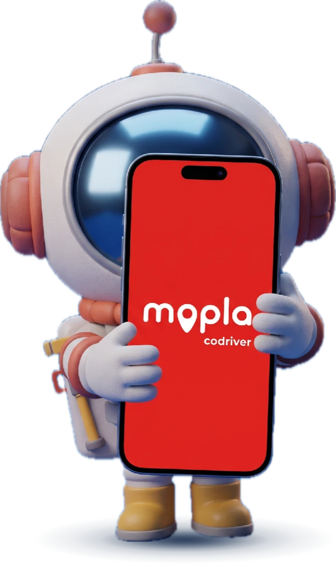 Mo, der Beifahrer von mopla codriver, hält ein Smartphone mit dem Logo